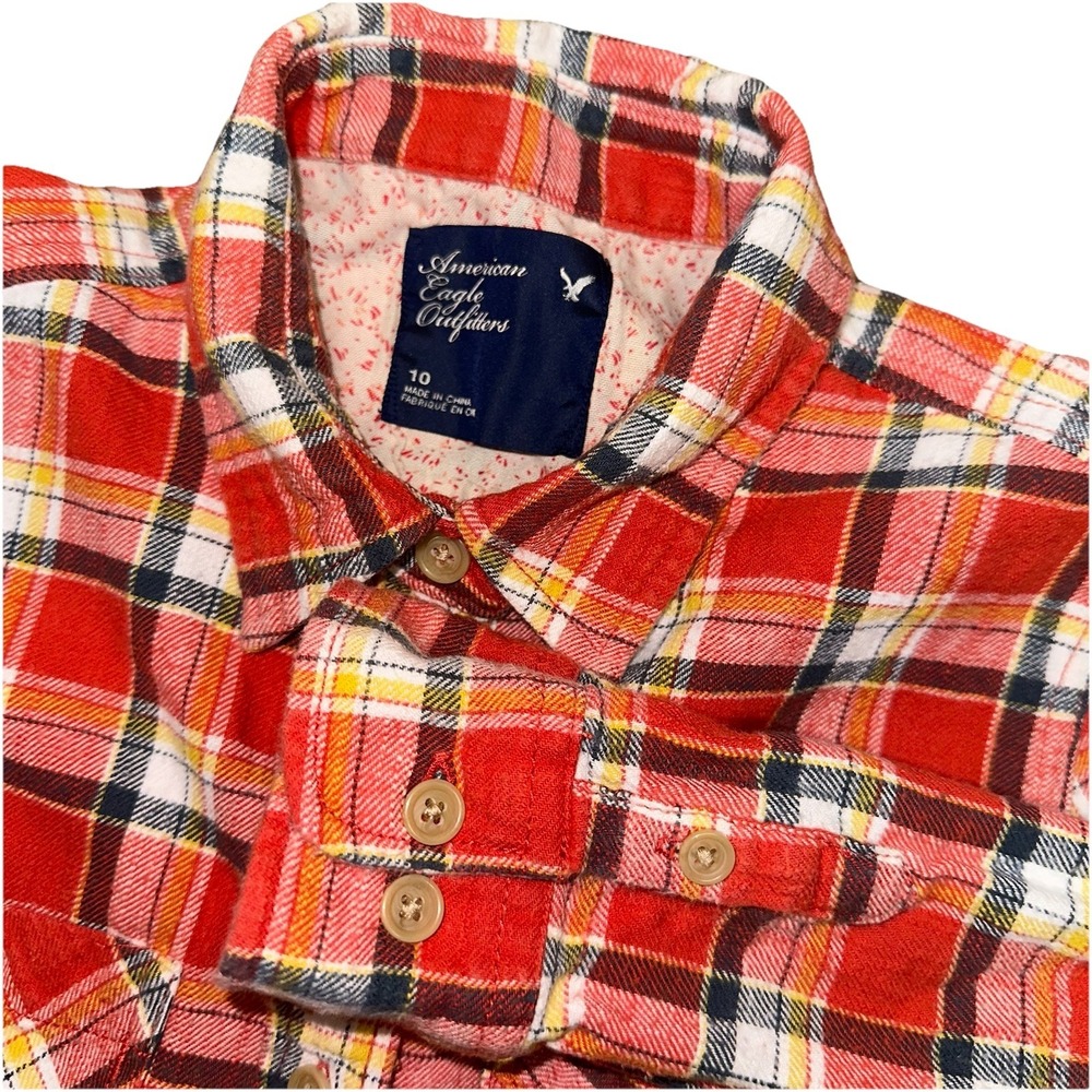 Y2K AE American Eagle Orange Plaid‎ Flannel Cotton Button Up L/S Shirt Womens 10